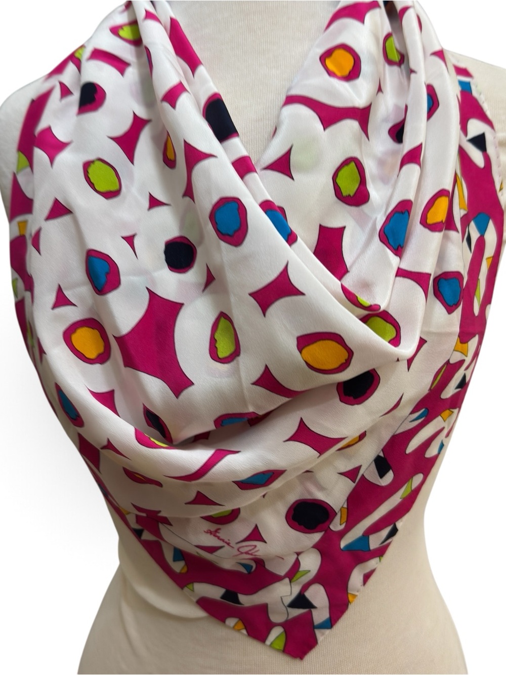 Vintage Ginnie Johansen Scarf 34” Pink Abstract Geometric Large Square